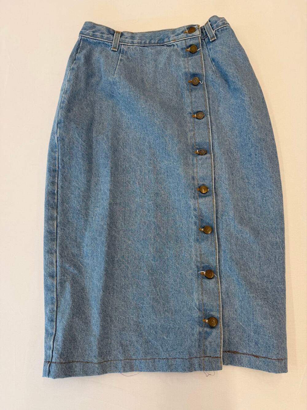 Vintage 90s High Waist Button Side Denim Midi Skirt light wash street style